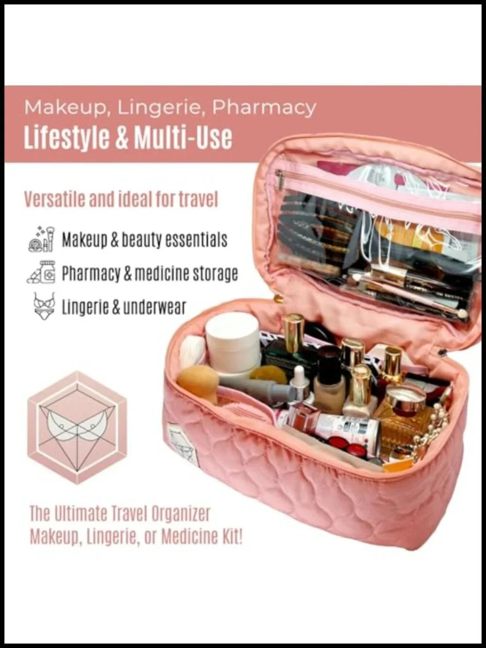 Extra Large Quilted Cotton EVA Makeup Bag Set with Toiletry Organizer